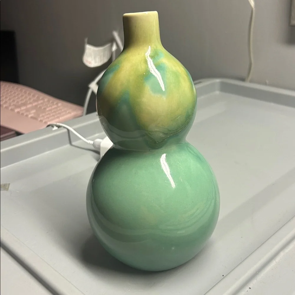 Japanese Gourd Shaped Saki‎ Bottle Vase Green Drip Glaze Size 8.5